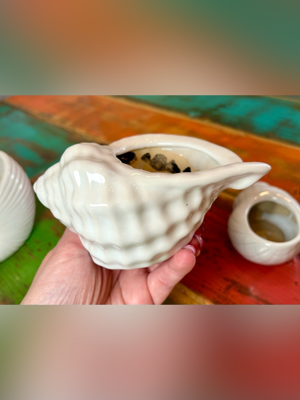 Vintage Pier 1 White Ceramic Seashell Planter Trio Set of 3 Conch Nautilus - Picture 9 of 13